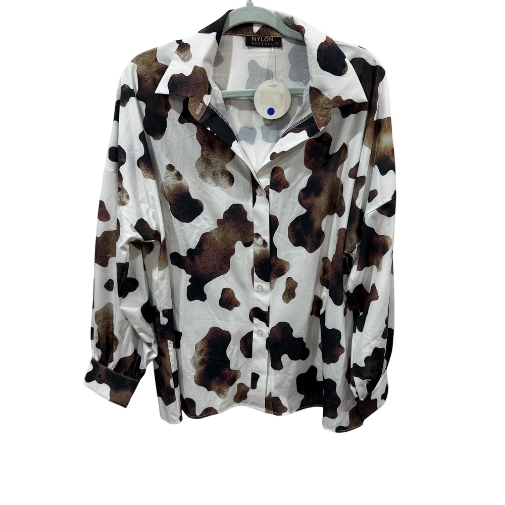Nylon Apparel Women Cow Print Button Down Shirt Brown White Grand Ole Opry M NEW